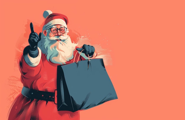 Santa Claus Shopping with a Bag Retro Style Illustration on Red Background