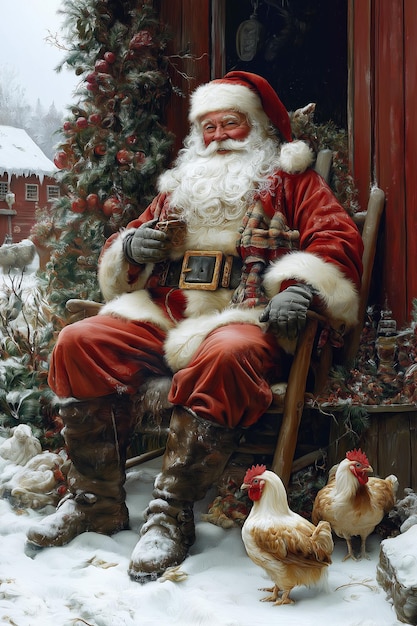 Photo a santa claus sits in a chair with a cane and a santa hat