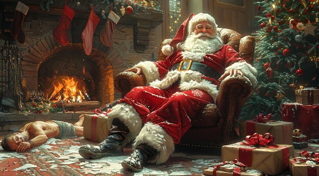 Photo a santa claus sits in front of a fireplace