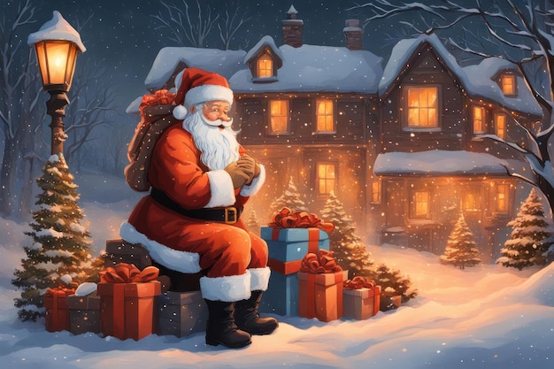 a santa claus sits in front of a house with a bag of presents