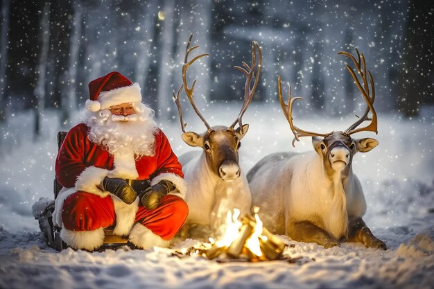 Photo a santa claus sits in the snow with reindeer