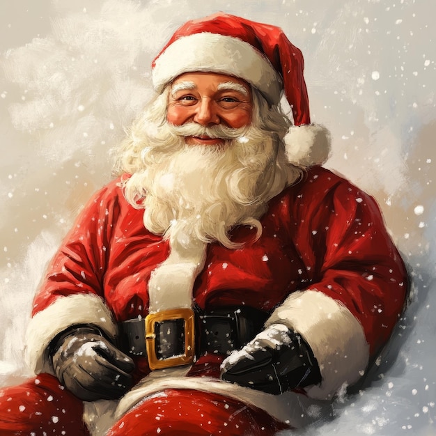 a santa claus sits in the snow with a snow background