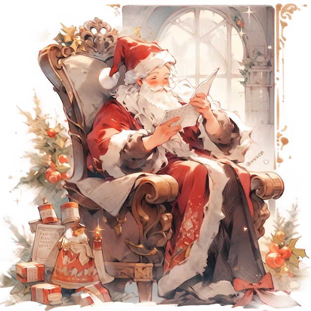 Santa Claus sitting by a fireplace attentively reading a letter written by a child