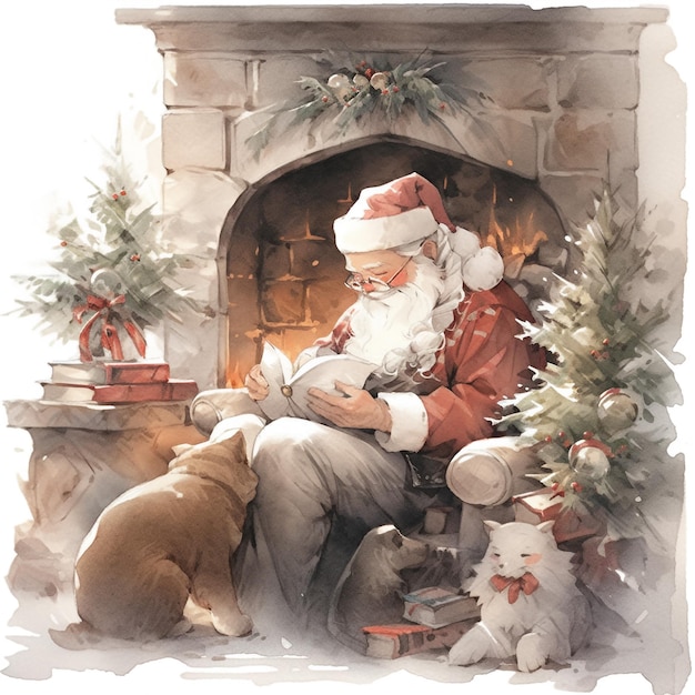 Santa Claus sitting by a fireplace attentively reading a letter