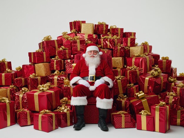 Photo santa claus sitting in front of a huge pile of red and gold wrapped presents on a white background