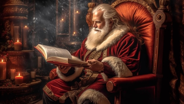 Santa Claus sitting at his home in a comfortable chair and reading his magical book children039s