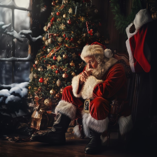 Santa Claus sitting near the Christmas tree in the room Merry Christmas and Happy New Year