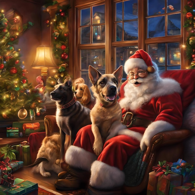 Santa Claus sitting on a pile of gifts night Christmas night dogs