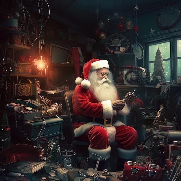 a santa claus sitting on a pile of junk