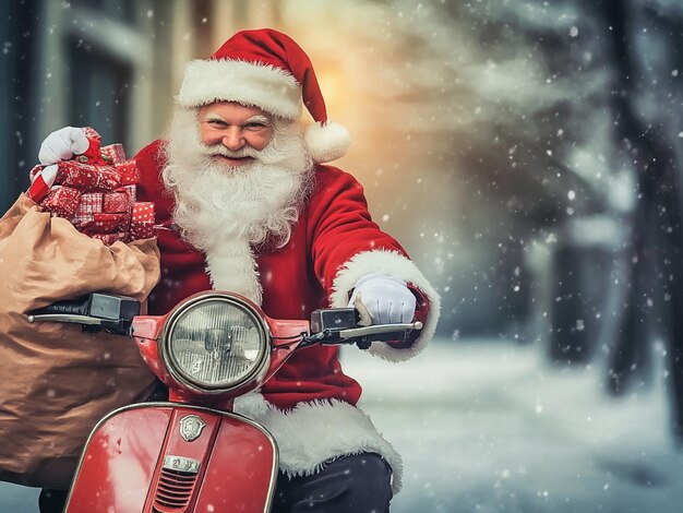 Photo santa claus sitting on a scooter with a bag of presents