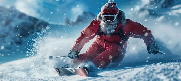 Santa Claus Skiing Down Snowy Mountain