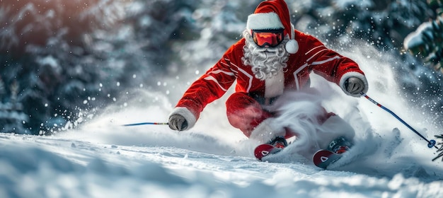 Santa Claus Skiing Down a Snowy Mountain