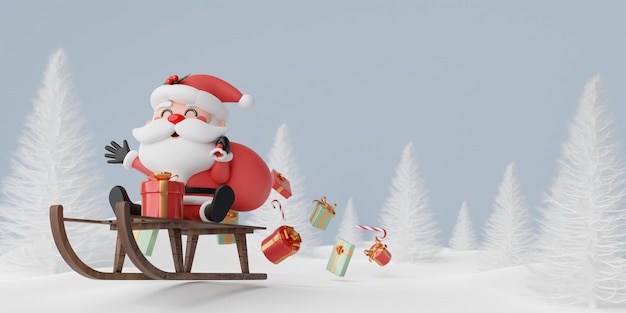 Santa Claus on sleigh with Christmas gift in pine forest Merry Christmas 3d illustration