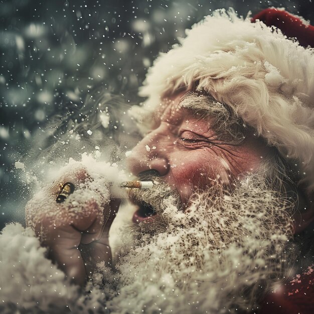 Santa claus smoking cigar in snowy forest Christmas and New Year