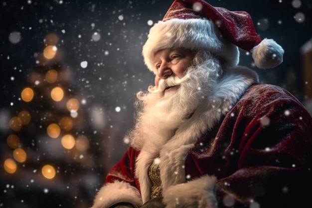 Santa claus in the snow with christmas tree in the background