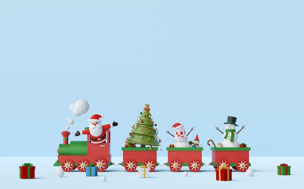 Santa Claus and Snowman on Christmas train with gifts, 3d rendering