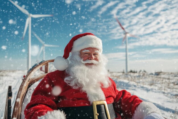 Santa Claus in a snowy field with wind turbines in the background