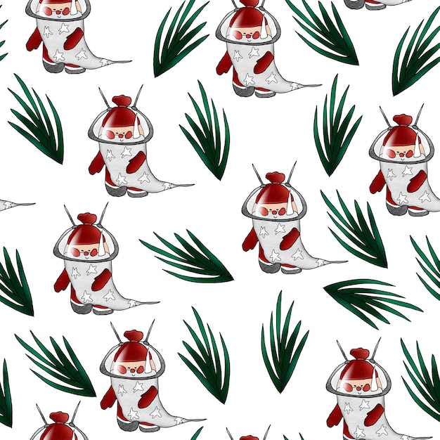 Santa claus in space suit and spruce branch watercolor seamless pattern