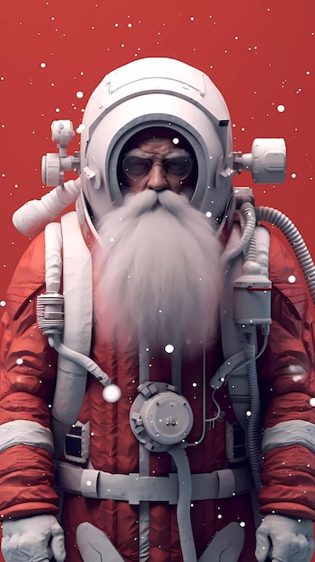 Santa claus in a space suit with a red background.