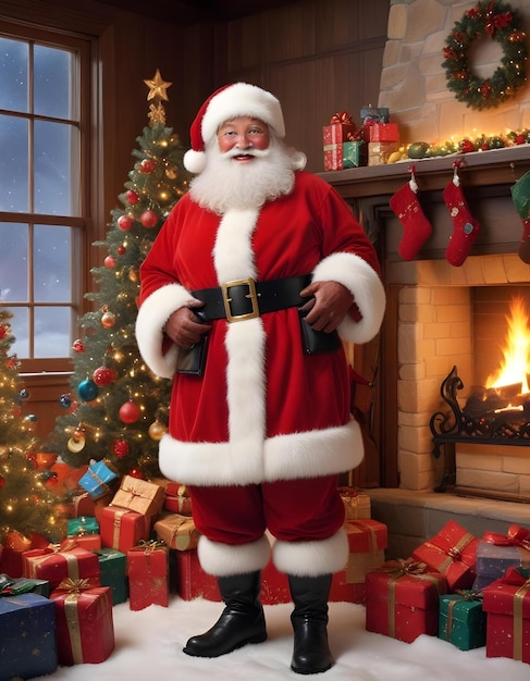 a santa claus standing in front of a christmas tree