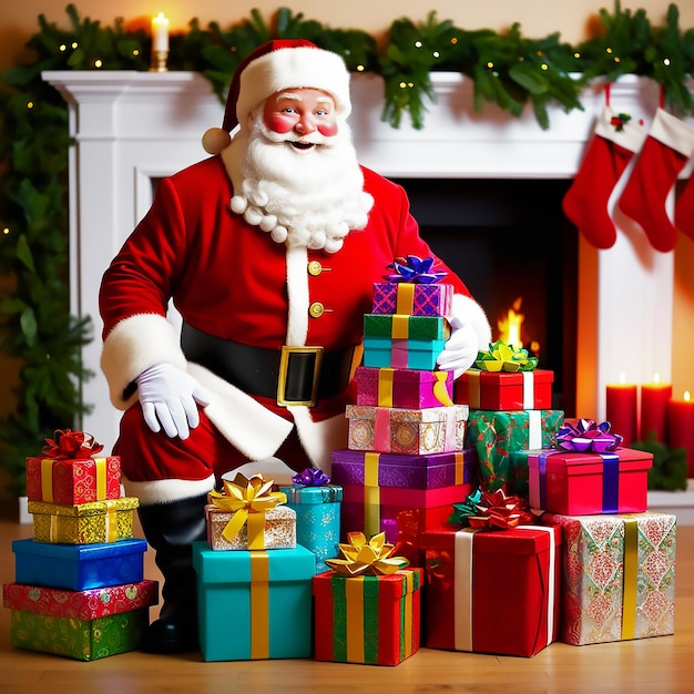 Photo a santa claus standing in front of a fireplace with a bunch of presents