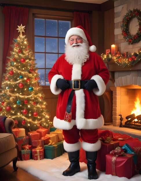 a santa claus standing in front of a fireplace with a christmas tree in the background