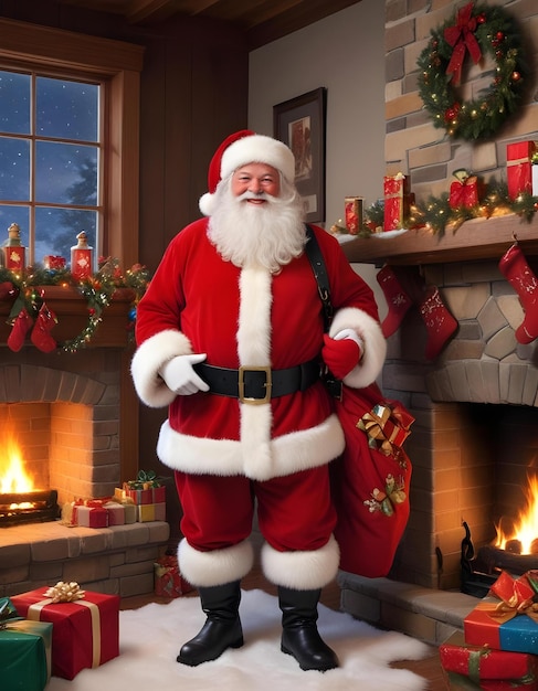 Photo a santa claus standing in front of a fireplace with a christmas tree in the background