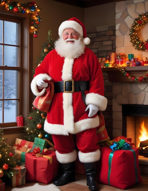 a santa claus standing in front of a fireplace with presents