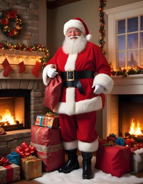 a santa claus standing in front of a fireplace with presents