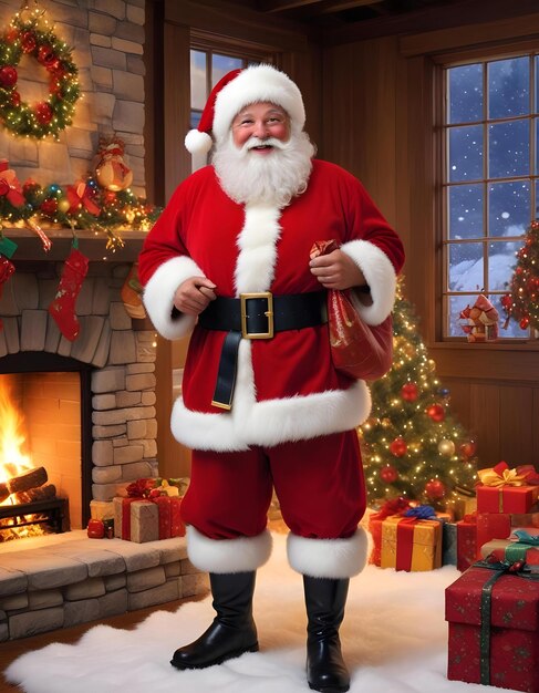 a santa claus standing in front of a fireplace