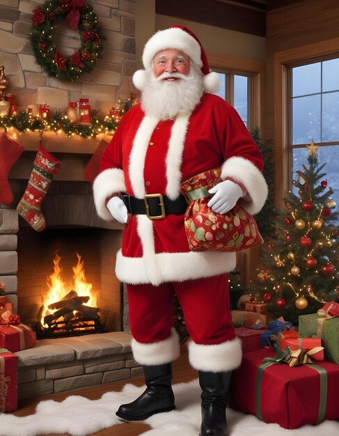 a santa claus standing in front of a fireplace