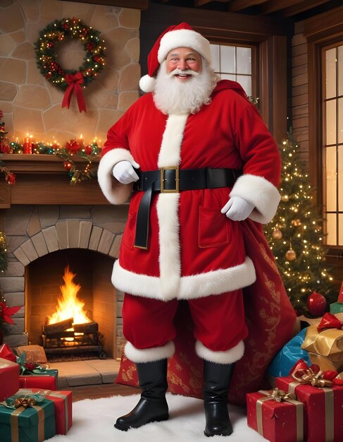 Photo a santa claus standing in front of a fireplace