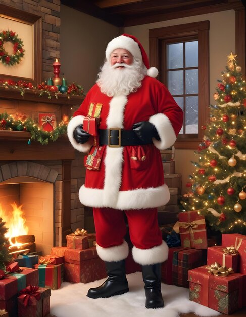 a santa claus stands on a fireplace with a christmas tree in the background