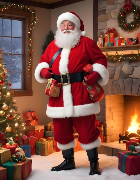 a santa claus stands in front of a fireplace with a christmas tree in the background