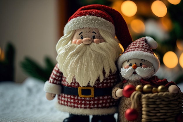 Santa Claus statue and doll with holiday decorations and presents