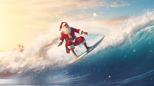 Santa Claus surfing the waves