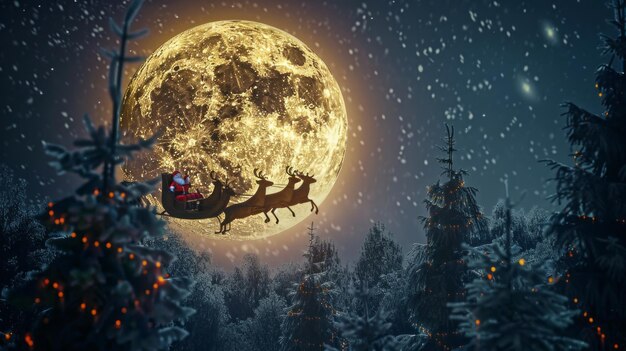 Photo santa claus takes off in his sleigh flying over a winter wonderland filled with snowcovered trees as a luminous full moon lights the night sky signaling christmas eve