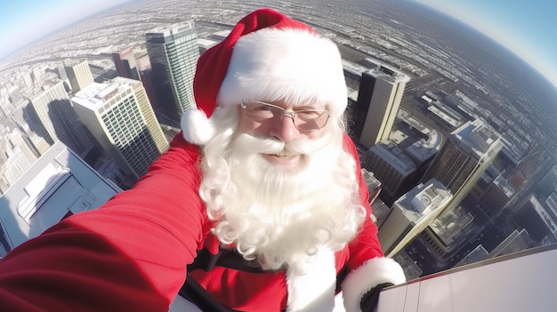 Santa Claus takes a selfie photo on the roof of a skyscraper against the backdrop of a big city on a winter day Extreme Christmas dangerous photo