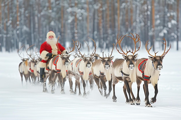 Photo santa claus in traditional red suit on sleigh led by reindeer team winter wonderland scene