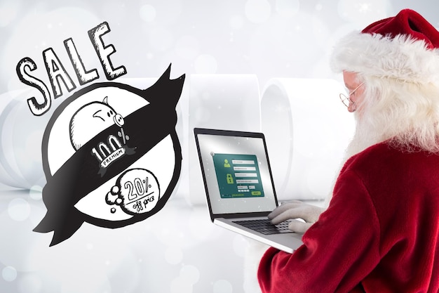 Santa Claus uses a laptop against lights twinkling in modern room