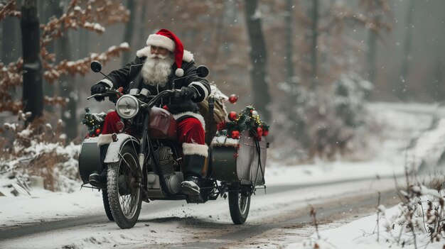 Santa Claus on vintage motorcycle with sidecar in snowy forest