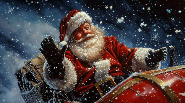 Photo santa claus waving goodbye from sleigh on a snowy christmas eve night