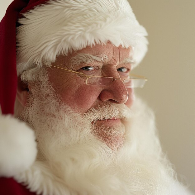 a santa claus wearing a gold rimmed glasses is standing in front of a white wall