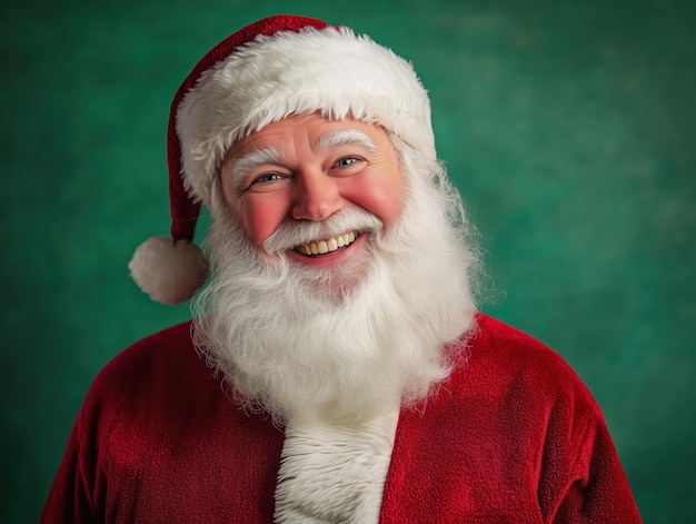 Photo santa claus wearing his classic red suit and glasses smiles warmly against a green background embodying holiday cheer and festive spirit