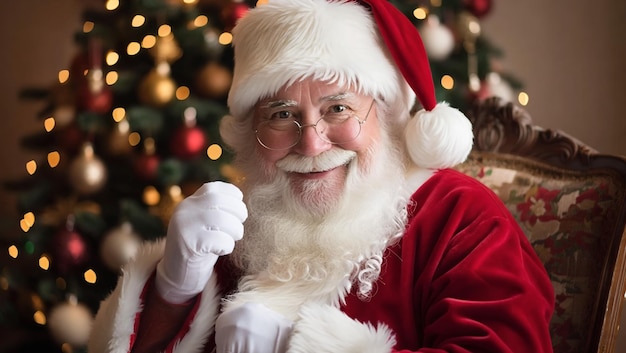 santa claus wearing a santa hat and holding a hand up to his chest