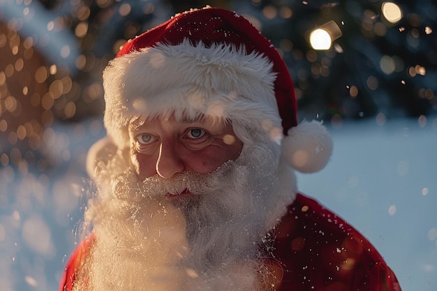 a santa claus wearing a santa hat is standing in the snow