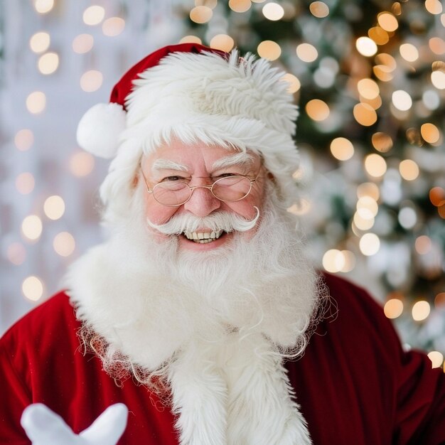 a santa claus wearing a santa hat and smiling in front of a christmas tree