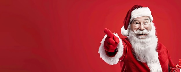 a santa claus wearing a santa suit pointing to the left