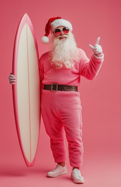 Photo santa claus wearing sunglasses holding a surfboard smiling on a bright pink background