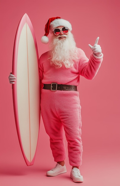 Photo santa claus wearing sunglasses holding a surfboard smiling on a bright pink background